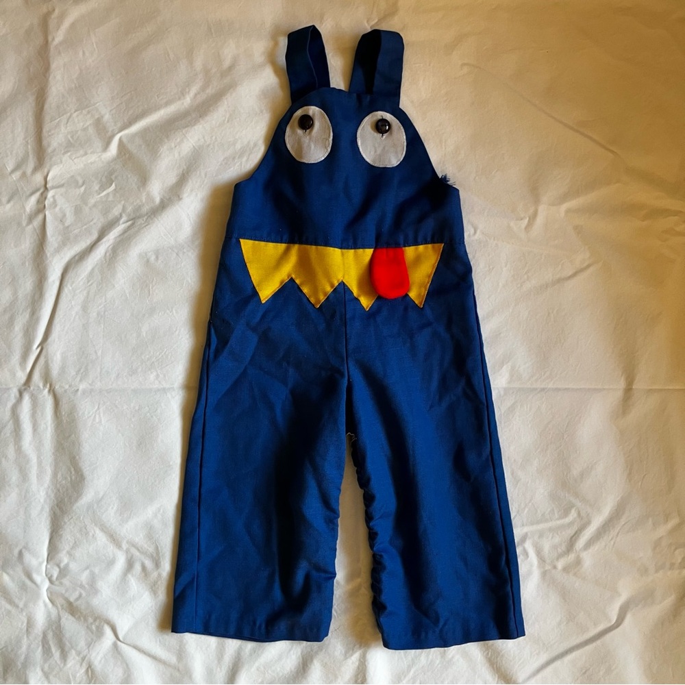 Blue Monster Face Overalls with Yellow and Red Accents for Toddler